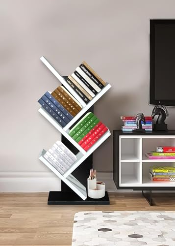 Image of SBF Furniture Tree Bookshelf Floor Standing Bookcase Free Standing Multipurpose Storage Rack for Books Magazines Organizer Showcase DIY (5 Tier - BK&WH, 5 Tier)