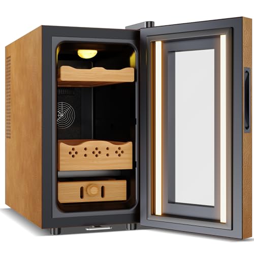 Image of 25L Upgraded Electric Humidor with Leather, 200 Counts Large Capacity,Thermostatic Electric Cooler Cabinet with Digital LED Screen, Safety Lock,Smart Humidity & Temp Control, Gifts for Men