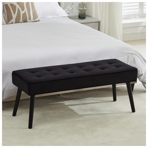 LOULENS 44'' Velvet Entryway Bench, Modern Upholstered Buttons Tufted End of Bed Bench with Solid Wood Legs, Comfortable Bed Ottoman for Bedroom, Living Room, Entryway, Hallway, Black