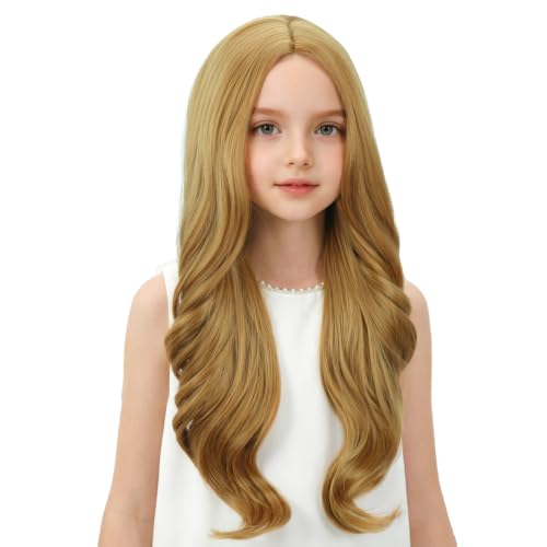 Image of Girls Strawberry Blonde Wig Kids Long Blonde Wavy Curly Wig Child Middle Part Wigs Heat Resistant Synthetic Wigs with Cap
