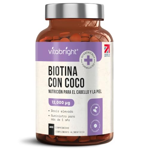 Biotina para el Cabello, Piel y Uñas | Alta Dosis 12.000 µg Pastillas | Suministro para 1 Año | B7 Vitaminas para el Pelo, Anticaida y Crecimiento Cabello | Mujer y Hombre | VitaBright Biotin