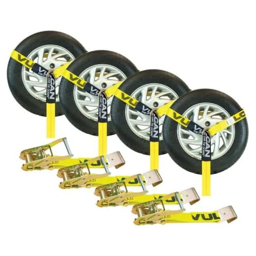 VULCAN Car Tie Down with Flat Hooks - Lasso Style - 2 Inch x 96 Inch - 4 Pack - Classic Yellow - 3,300 Pound Safe Working Load