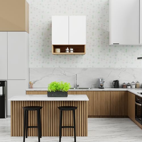 Image of 2 Door Multipurpose Wall Mounted Cabinet with Adjustable & Fixed Shelf | Storage for Kitchen, Bathroom, Office & Living Room | Assembly-DIY | Color-Asian Light & White | Size-60x33x63.8 Cm