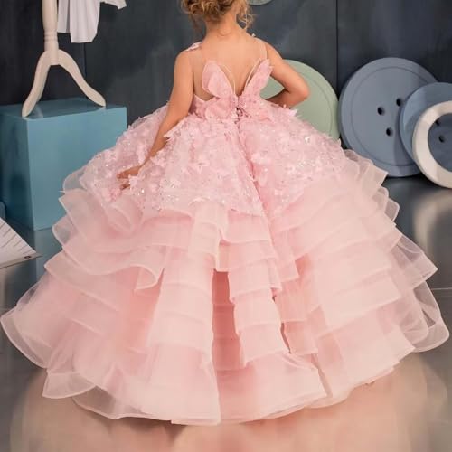 Flower Girl Dress Ruffle Layered Ball Gown First Communion Dresses Tulle Butterfly Appliques Pageant Dress for Girls2