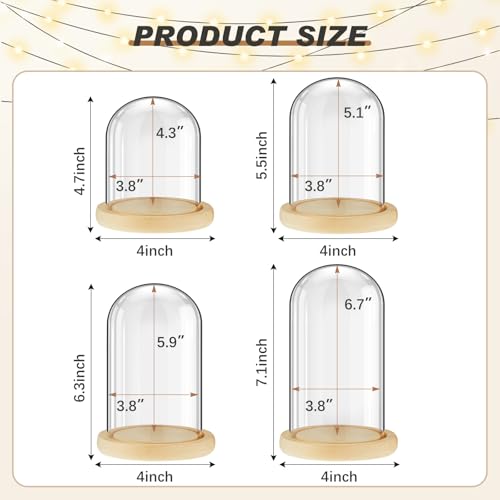 Suclain 4 Pcs Glass Display Dome Cloche Clear Dome Cloche with Wood Base Tabletop Jar Display Case for Home Office Wedding(Wood Color) - Thumbnail 3