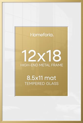 Image of Homeforia 12x18 Picture Frame Gold, High End Metal 12x18 Poster Frames with Mat 8.5x11 Photo, 12 x 18 Gold Frame Matted to 8.5 by 11 Print, 18x12 Thin Hanging Frame, Tempered Glass, Wall Kit, Set of 2