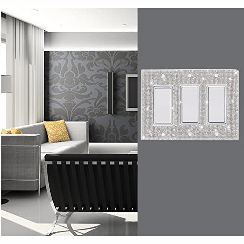 Image of Shiny Silver Rhinestones Wall Plates Light Switch Decorative Cover Plate Single Toggle For Kitchen Bathroom 3 Gang Rhinestones Outlet Covers Wall Plate