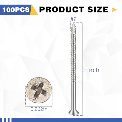 Image of 100 Pack Satin Nickel Wood Screws #9 Extra Long Heavy-Duty Hinge Screws for Doors, Cabinets, Furniture & DIY Projects (3 Inch,Sliver)