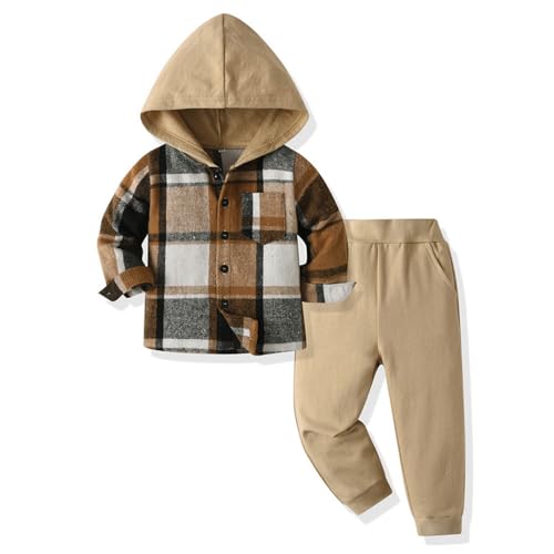 UUAISSO Ropa de bebé para niños pequeños Tops a cuadros con capucha sudadera pantalones Otoño Invierno Trajes Caqui 12-18 meses