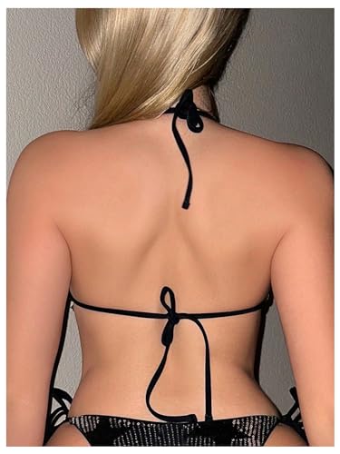 WDIRARA Women's Star Pattern Triangle Cup Halter Y2K Swim Tops Summer Tie Backless Sequin Patched Glitter Bikini Top4