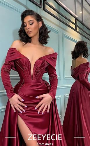 Zeeyecie V-Neck Satin Prom Dresses with Slit 3D Flower Beaded Sequin Sparkly Mermaid Long Evening Formal Ball Gowns4