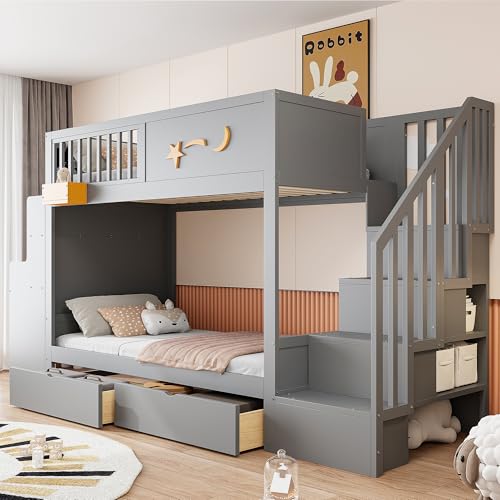Soweiz Litera para niños con cajones de almacenamiento, escalera de seguridad, escritorio y estrellas – 90 x 200 cm, marco de madera maciza de pino (gris)