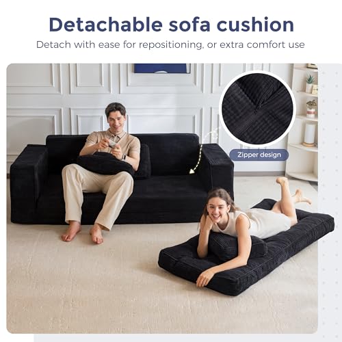 Image of MAXYOYO Convertible Sofa Bed, Pull Out Oversized Loveseat Sofa Couch, 2 in 1 Folding Couch Bed, Fold Out Floor Couch with Pillows for Living Room Bedroom Lounge, Black