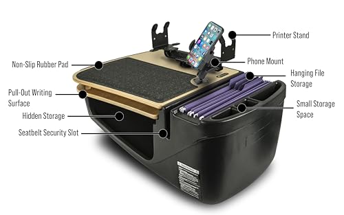Image of AutoExec AE-GMCD-PM-PS-11M GripMaster Car Desk for Your Vehicle Workstation and Mobile Office, Natural with Phone Mount and Printer Stand | Vehicle Workstation, Mobile Office, Phone Mount, Printer Stand