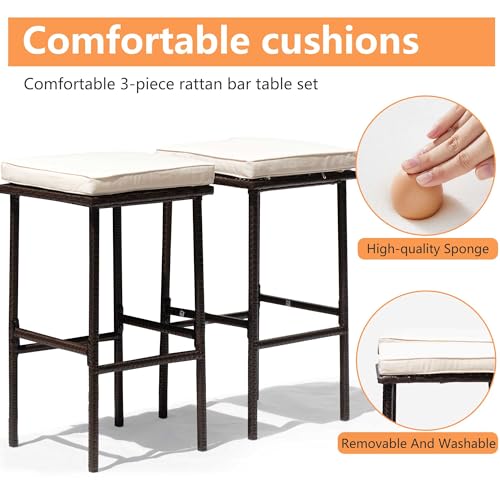 PayLessHere Rattan Bar Set 3Pcs Patio Wicker Bistro Set Sturdy Frame Bar Height Table with Glass Table Top Storage Shelves 2 Bar Stools for Patio Poolside Porch Outdoor Indoor (Khaki) - Image 5