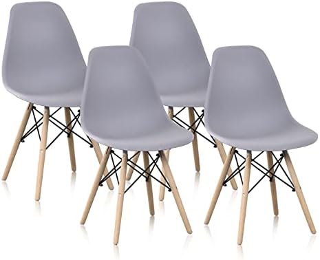 Amy&Lucky Modern Dining Chair Mid Century Plastic Chair, Side Chair with Wood Legs, Lounge Chair for Kitchen, Dining, Bedroom and Living Room, Set of 4 (Grey)