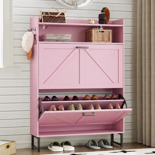 Image of BORNOON Shoe Cabinet with 2 Flip Drawers Narrow Shoe Storage Cabinet Organizer Wooden Freestanding Rack Hidden Slim Storage for Entryway, Hallway, Living Room, Bedroom