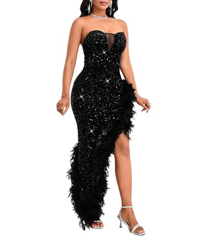 dasmzper Women's Sexy Sequin Off The Shoulder V Neck Mesh See Through Dress Feather Hem Bodycon Evening Maxi Dress Black