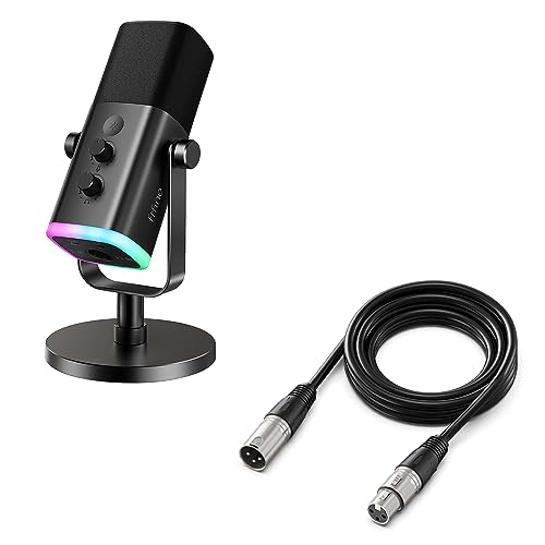 FIFINE XLR/USB Dynamic Microphone and XLR Cable Set,PC Computer Gaming Streaming Mic with RGB Light,9.8ft Cable with Balanced 3 PIN, Male to Female Cord,Compatible with Audio Mixer (AM8+L9)