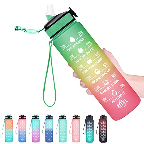Image of HYETA 32 oz Water Bottles with Times to Drink and Straw, Motivational Water Bottle with Time Marker, Leakproof & BPA Free, Drinking Sports Water Bottle for Fitness, Gym & Outdoor, Signal Lights