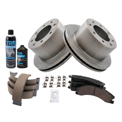 Image of TRQ Rear Brake Pad & Rotor Kit, with Chemical Kit Parking Brake Shoe Set Ceramic Compatible with 2013-2017 Chevrolet Silverado 3500 HD GMC Sierra 3500 HD