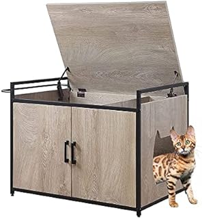 unipaws Large Wooden Cat Litter Box Enclosure, Indoor Hidden Litter Box with Top Opening and Side Bar, Cats Washroom Storage Bench for High Jumbo Litter Box, Automatic Litter Box Hidden, Grey
