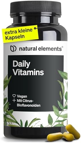 natural elements Daily Vitamins – 120 Multivitamin Kapseln – alle wertvollen Vitamine A-K – perfekt für Sportler – vegan, hochdosiert, ohne unnötige Zusätze – in Deutschland produz
