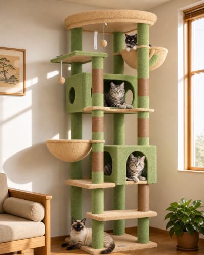 Globlazer Tiragraffi XXL Verde Cactus Grandi 188 cm con 2 Grotta 50*30*30CM, 2 Cesto, Piattaforma Imbottiti, Stabile Albero Tiragraffi per Gatti Adulti Interno Peluche Facile da Pulire (S74, Verde)