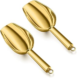 Gold Ice Scoop, HaWare 2 Pcs 5OZ Stainless Steel Food Scoop Set, Small Metal Flour Sweet Pet Scooper for Kitchen Bar Buffet Garden, Non-Toxic & Healthy, Mirror Finished & Dishwasher Safe