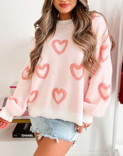 Image of Women's Cute Heart Sweater Love Print Valentine Romantic Knitted Top Casual Crewneck Long Sleeve Sweaters Pullover