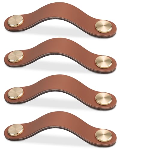 LEREATI 4pcs Poignée Meuble Cuir, Bouton Porte Placard Poignee Simili Cuir Bouton de Tiroir, Poignee de Meuble Vintage pour Armoires, Commode, Cuisine, Salle de Bain (Café Clair, 160mm)