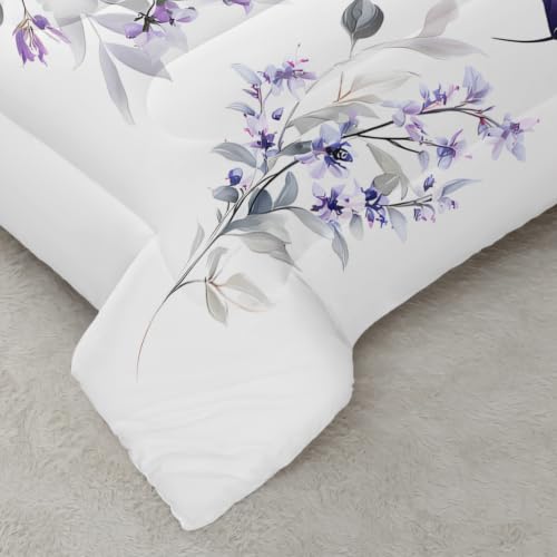 Image of AILONEN Lavender Bouquet Comforter Set Twin Size, Watercolor Bedding Ensemble, Purple Flower Bedspread Quilt with 2 Pillowcases for Dorm Bedroom