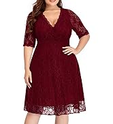 Women's Plus Size Wedding Guest Cocktail Party Semi Formal Lace Wrap V Neck Knee Length Dress