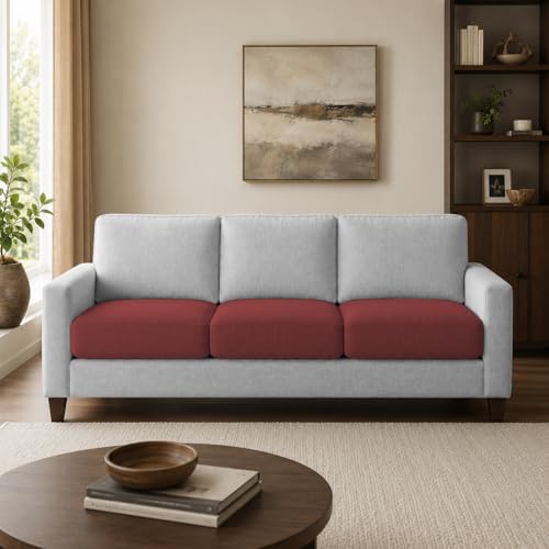 Image of Casaliving Gladino Modern Velvet Fabric Sofa, Tufted Design Upholstered 3 Seater Sofa Set for Living Room, Premium Velvet Fabric Sofa (Maroon Grey)