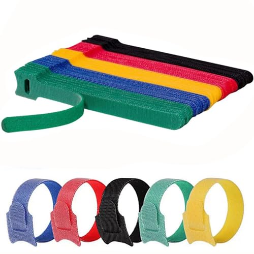 50 x Reusable Cable Ties Black Adjustable Releasable Hook and Loop Cable Straps for PC Cable Management Organizing Cords TV Desk - Multicolored