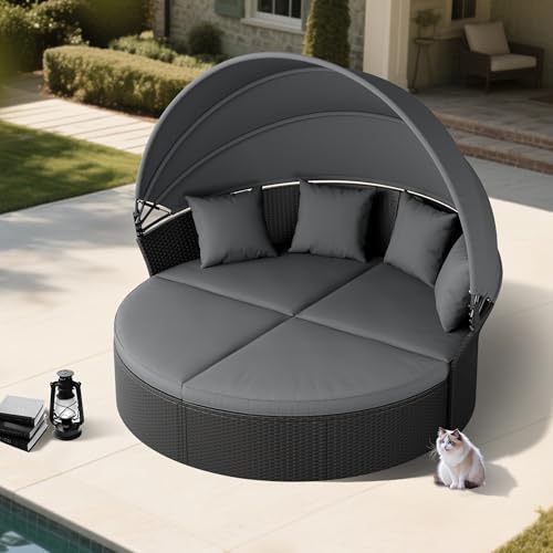 SUNCROWN Outdoor Patio Round Daybed with Retractable Canopy, Wicker Furniture