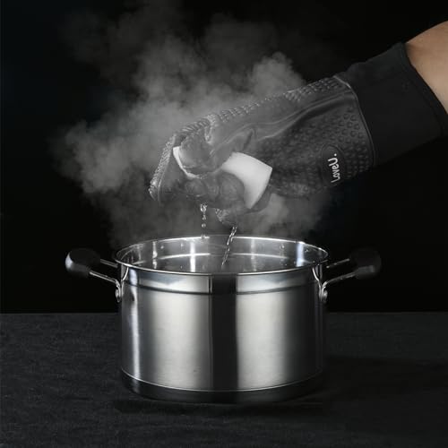 Image of Kitchen Oven Gloves - Dual-Layer Heat Resistant Grilling Gloves, Silicone Oven Mitts with 5 Fingers, Waterproof Non-Slip Pot Holder for Barbecue, Cooking, Baking (Small, Black Long)