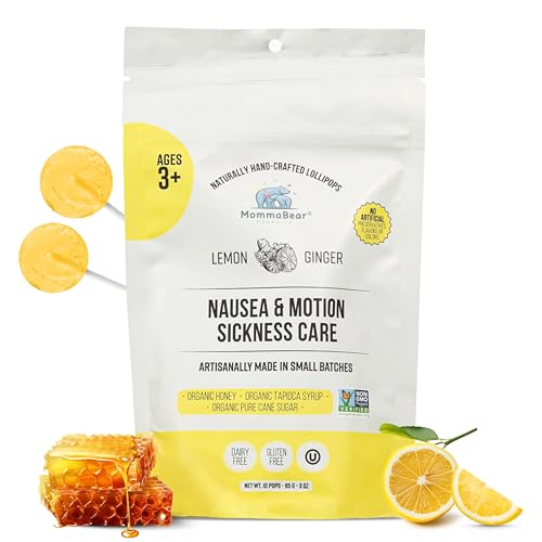 MommaBear Nausea & Motion Sickness Lollipops Non-GMO Lemon & Ginger Candy for Nausea Organic Lollipops for Kids 3+ & Pregnancy Must Haves to Ease Queasiness Freshness Sealed in (10 Pack)