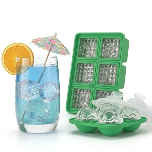 Image of Premium Combo of Large 3D Crystal Square Ice Cube Tray & Football Shaped Silicone Molds for Chilling Drinks, Chocolates, Juice, Jelly and Many More. Pack of 2 (Green)