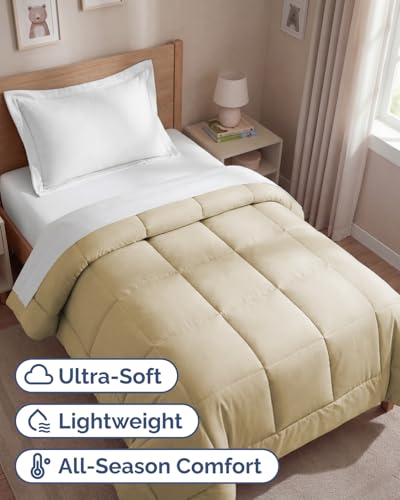 Image of Twin Size, Beige Alternative Down Comforter - Warm, Lightweight & Breathable Hotel Quality Bedding Set for Men, Women, Kids and Teens - All Season Oversized Cooling Microfiber Duvet Insert Comforter