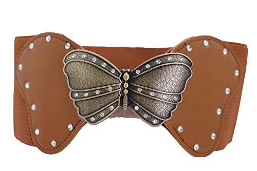 TrendyFashionJewelry Women Fashion Elastic Wide Waistband Belt Hip High Waist Gold Metal Butterfly Buckle S M , Black + Gold