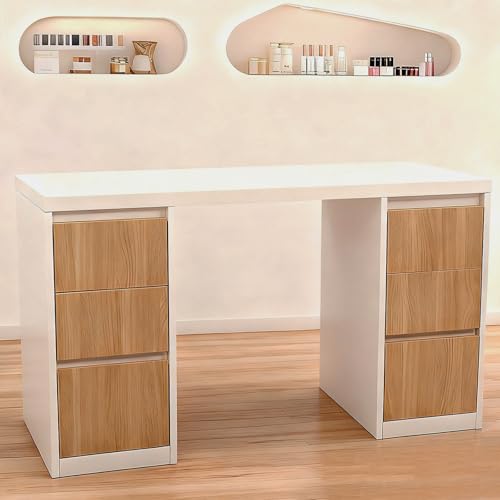 TATARTIST Manicure Table Nail Desk Portable Nail Station with 6 Drawers Storage Cabinet Beauty Salon Workstation for Nail Salon Home Office (White & Oak)