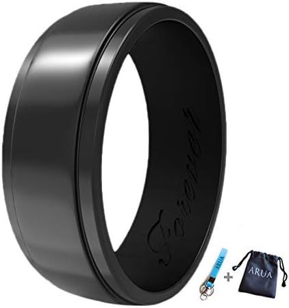 Arua Elegant Glossy Silicone Wedding Ring for Men. Thin, Comfortable, Durable Rubber Wedding Bands. Gift Bag and Silicone Keychain Included.