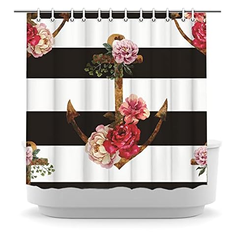 LyerArtork Black and White Stripes Shower Curtain Flower Anchor Bath Curtain Floral Blossom Bathroom Curtains Durable Polyester Curtain Set with 12Pcs Hooks Modern Bathroom Decoration 72x72inch Cover