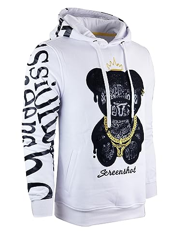 SCREENSHOT-H11222 Mens Urban Hip Hop Premium Streetwear Fleece Top - Big Head Shadow Teddy Bear Patch Embroidery Gel Print Hoodie Pullover Sweatshirt-White-Medium