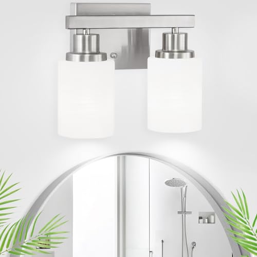 Image of 2-Light Nickel Vanity Light Bathroom Light Fixture Over Mirror | White Frosted Ribbed Glass Shade Brushed Nickel Bathroom Wall Lamp Sconces for Mirror Bedroom Hallway Small Space E26 Base