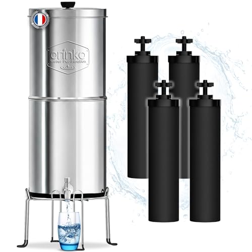 ORINKO Filtre à Eau par Gravité 8,5 L avec 4 Cartouches, Purificateur d'Eau avec Charbon Actif, Fontaine Filtrante pour Eau du Robinet, Eau de Pluie et Plus, Filtration Avancée