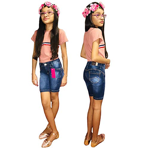Bermuda Jeans Com Licra Infanto Juvenil Feminina  (Azul Estourado, 12 Anos)