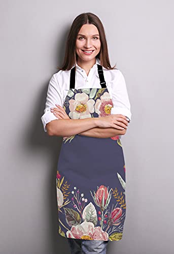 Lefolen Vintage Background With Hand Drawn Floral Wreath Adjustable Bib Apron, Romantic Flowers Cooking Kitchen Apron For Men Women #TOP2