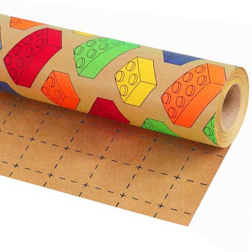 BIOBROWN Kraft Building Blocks Wrapping Paper for Boys Girls - 17 Inch X 33 Ft - Colorful Building Bricks Design Gift Wrap Paper for Kids Birthday Holiday Party Toy Lovers